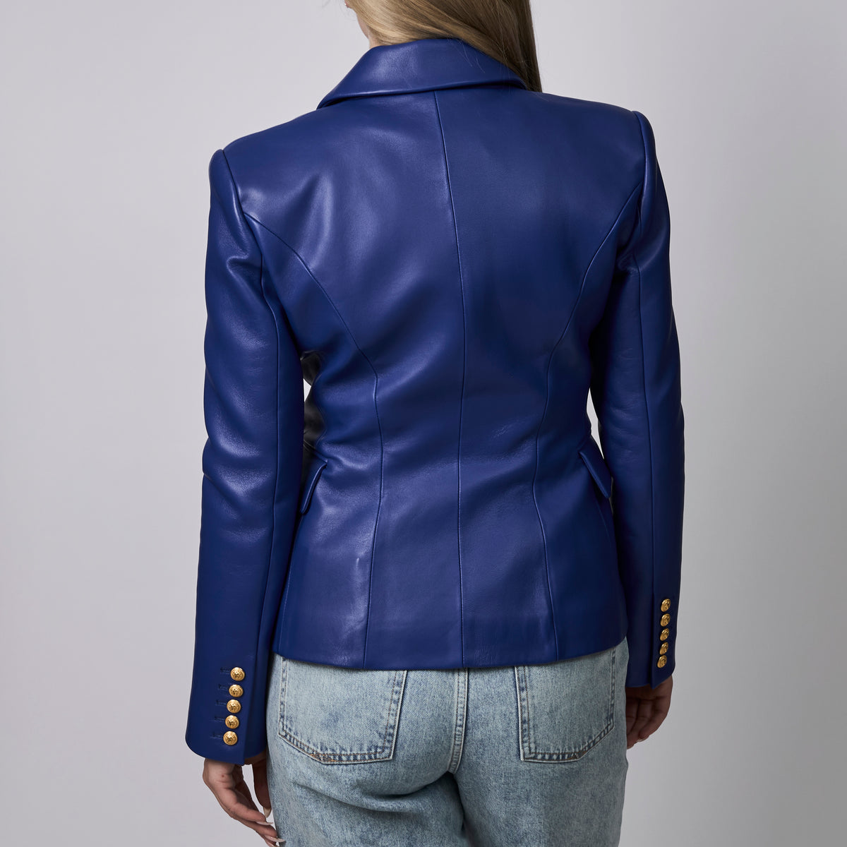 Balmain Blue Leather Double-Breasted Blazer Size 40