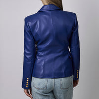 Balmain Blue Leather Double-Breasted Blazer Size 40