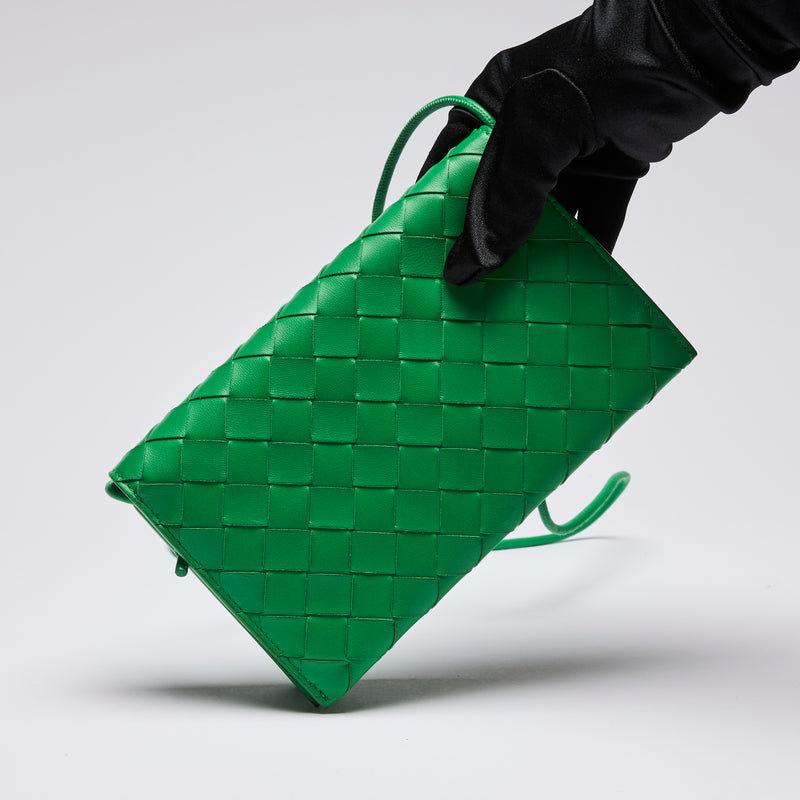 Bottega Veneta Green Intrecciato Leather Wallet on Strap ( front)