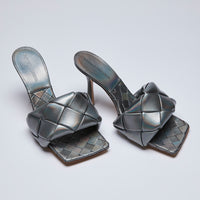 Excellent Pre-Loved Gun Metal Grey Metallic Leather Woven Open Toe Mules.(front)