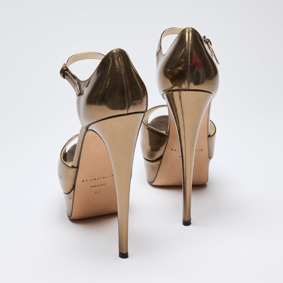 Excellent Pre-Loved Gold Metallic Leather Platform Peep Toe Pumps with Ankle Strap.(back)