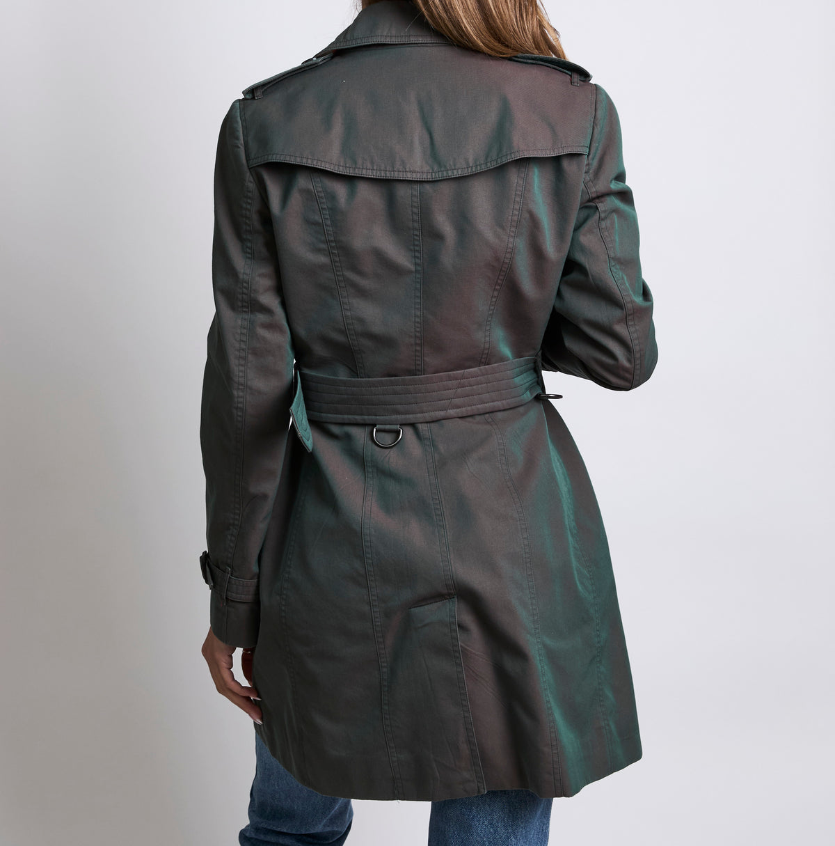 Burberry Double Breasted Olive Green Iridescent Trench Coat