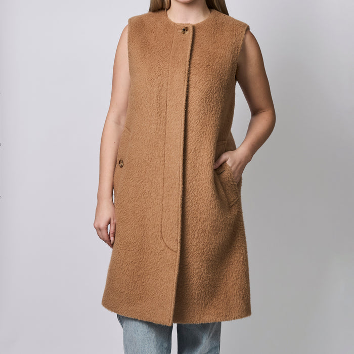 Burberry Camel Sleeveless Wool Midi Coat Size 34