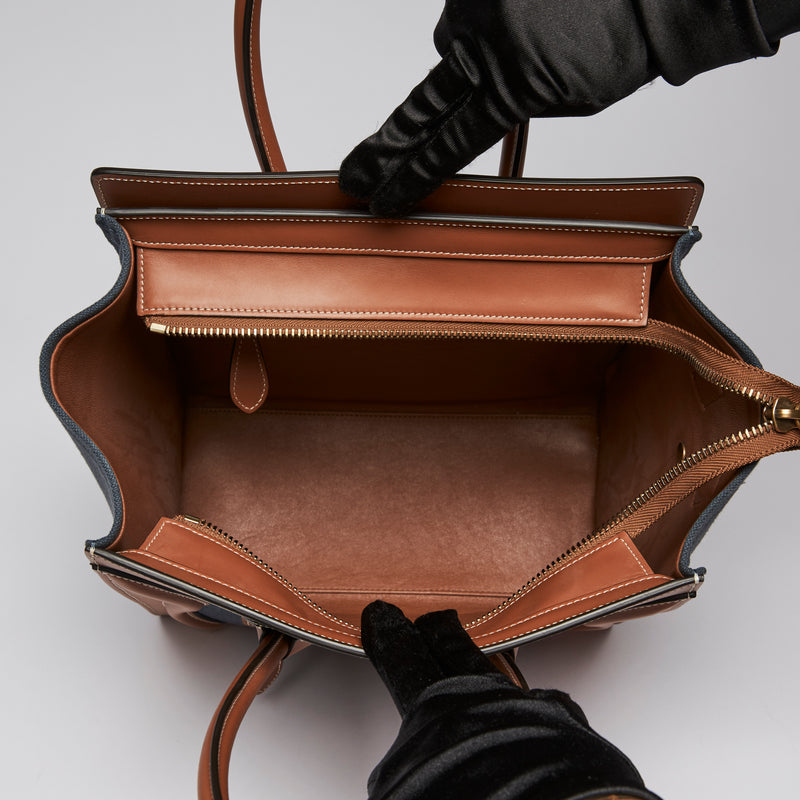 Excellent Pre-Loved Denim Top Handle Tote Bag with Brown Leather Details and Contrast Stitching(interior)