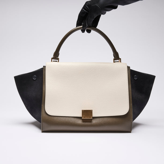 Celine Ivory/Dark Olive Green Leather and Navy Blue Suede Trapeze Bag(Front)