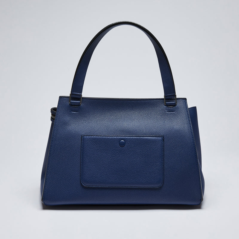 Excellent Pre-Loved Blue Grained Leather Top Handle Bag with Zipper Closure. (back)