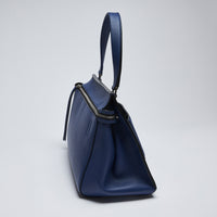 Excellent Pre-Loved Blue Grained Leather Top Handle Bag with Zipper Closure. (side)