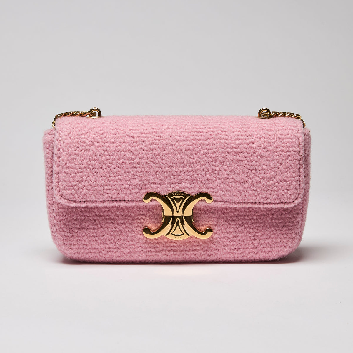 Celine Tweed Triomphe Chain Shoulder Bag Pink (Front)