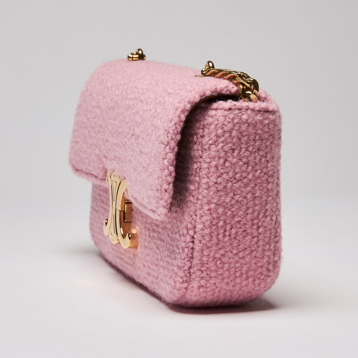 Celine Tweed Triomphe Chain Shoulder Bag Pink (side)