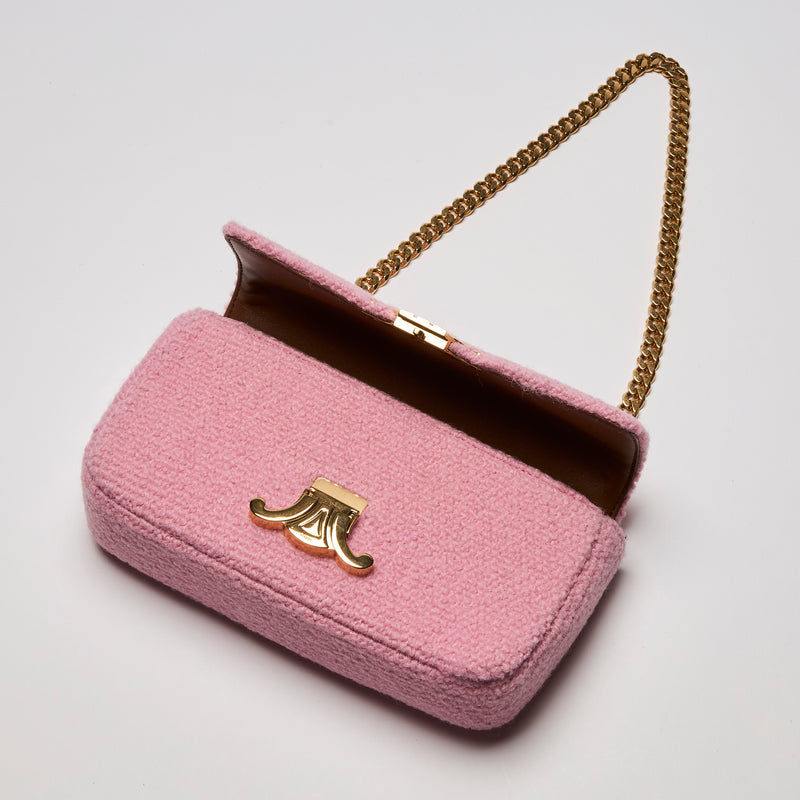 Celine Tweed Triomphe Chain Shoulder Bag Pink (Front)