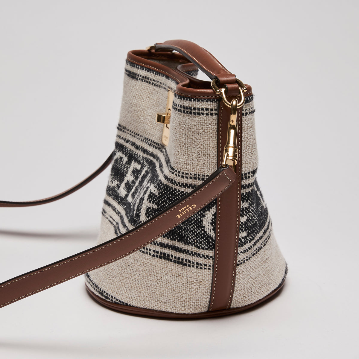 Celine Canvas Smooth Calfskin Logo Bucket Bag Beige Brown Tan (Side)