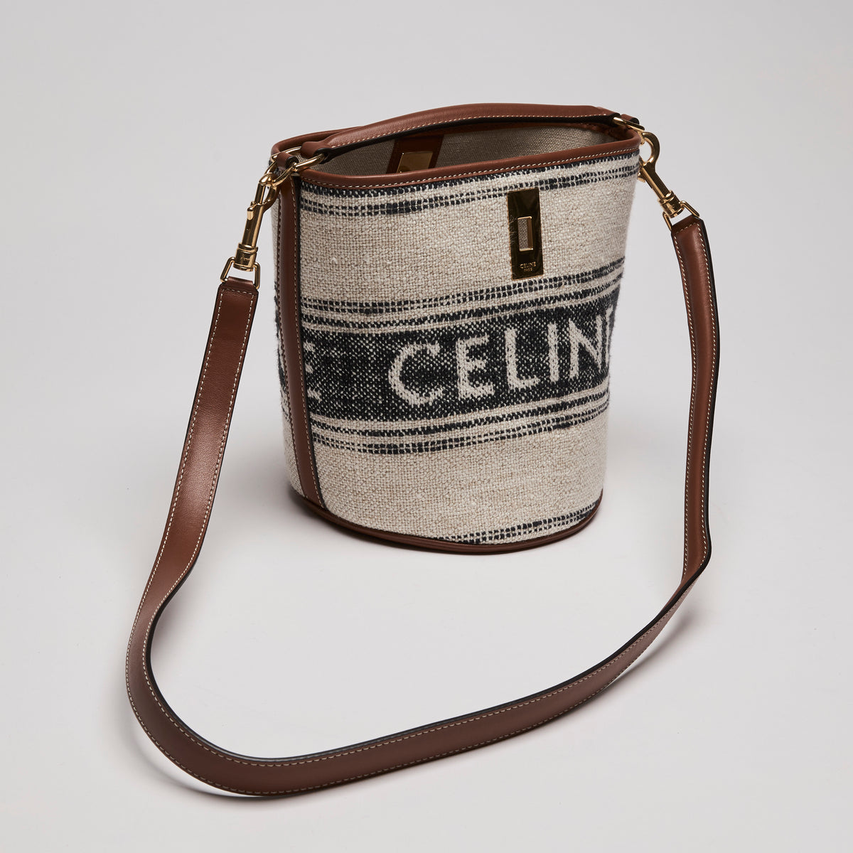 Celine Canvas Smooth Calfskin Logo Bucket Bag Beige Brown Tan (front)