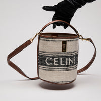 Celine Canvas Smooth Calfskin Logo Bucket Bag Beige Brown Tan (front)