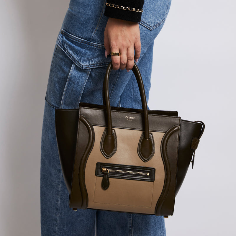 Pre-Loved Two-Tone Brown Top Handle Tote Bag. (on body)