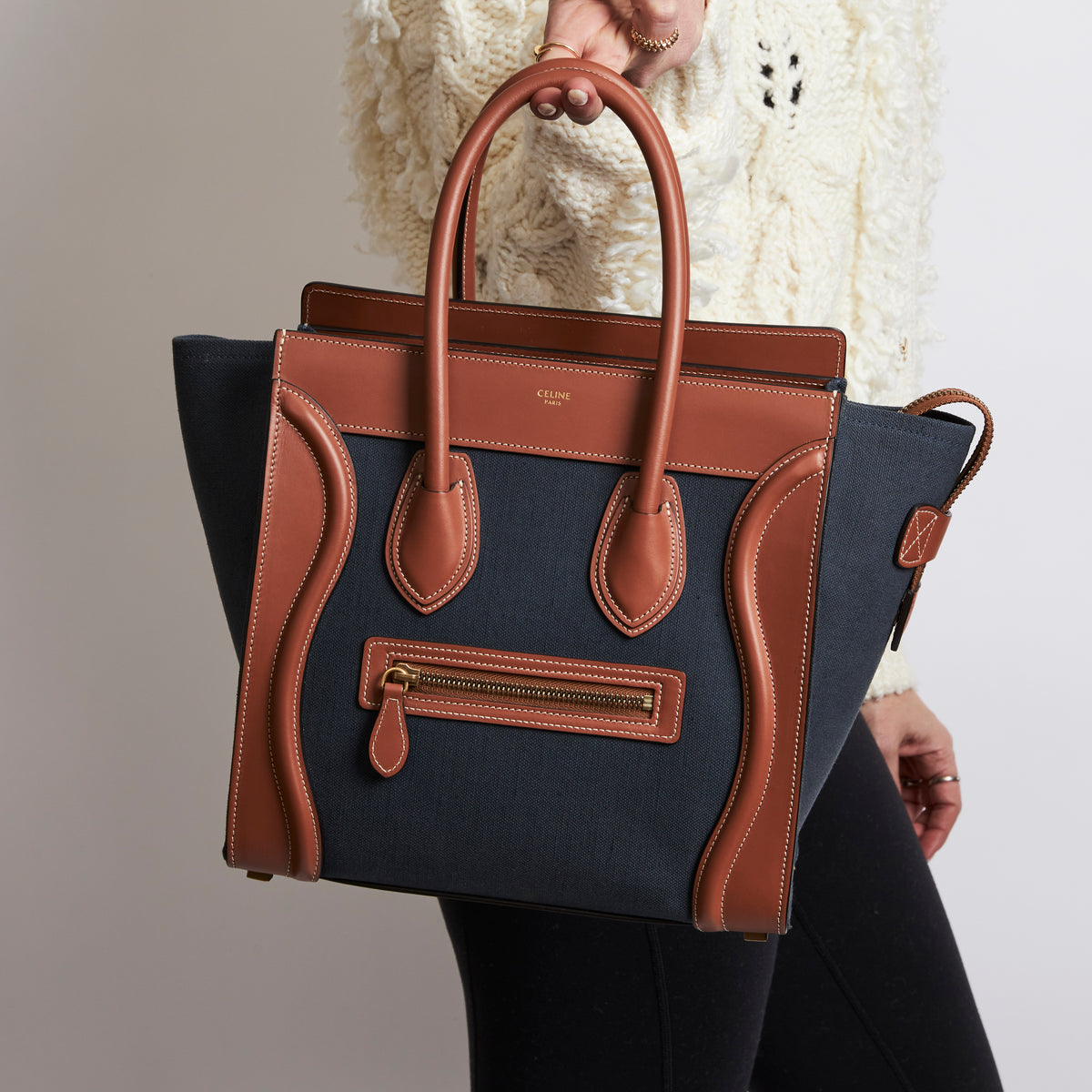 Celine Denim and Brown Leather Luggage Bag