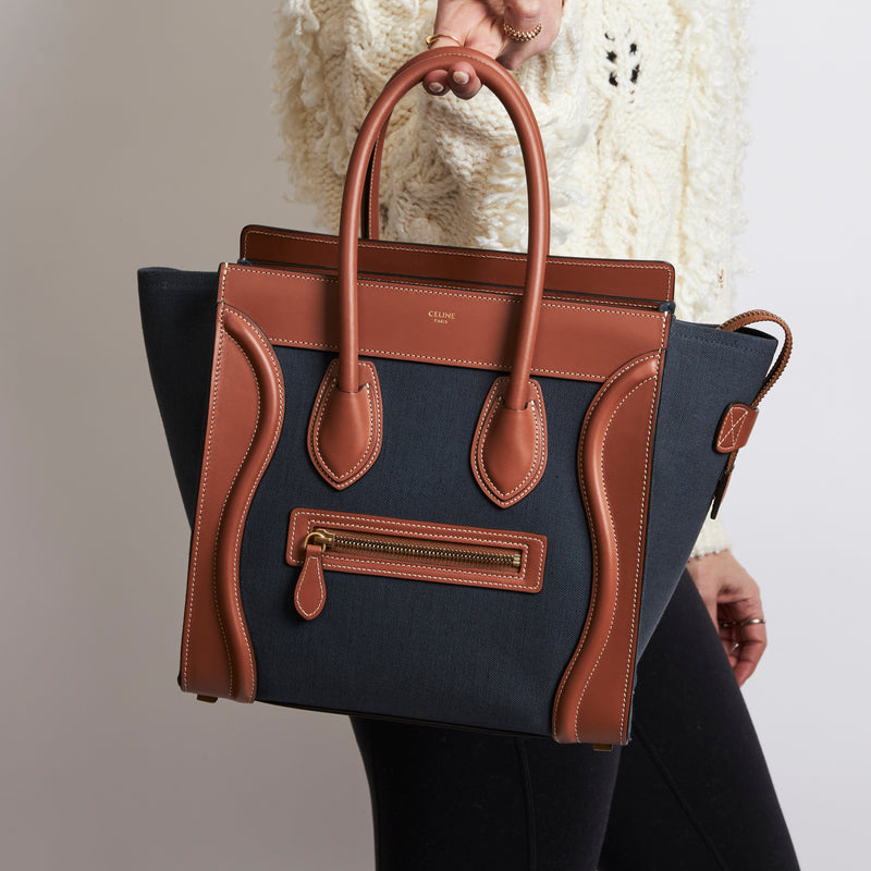 Celine Denim and Brown Leather Luggage Bag