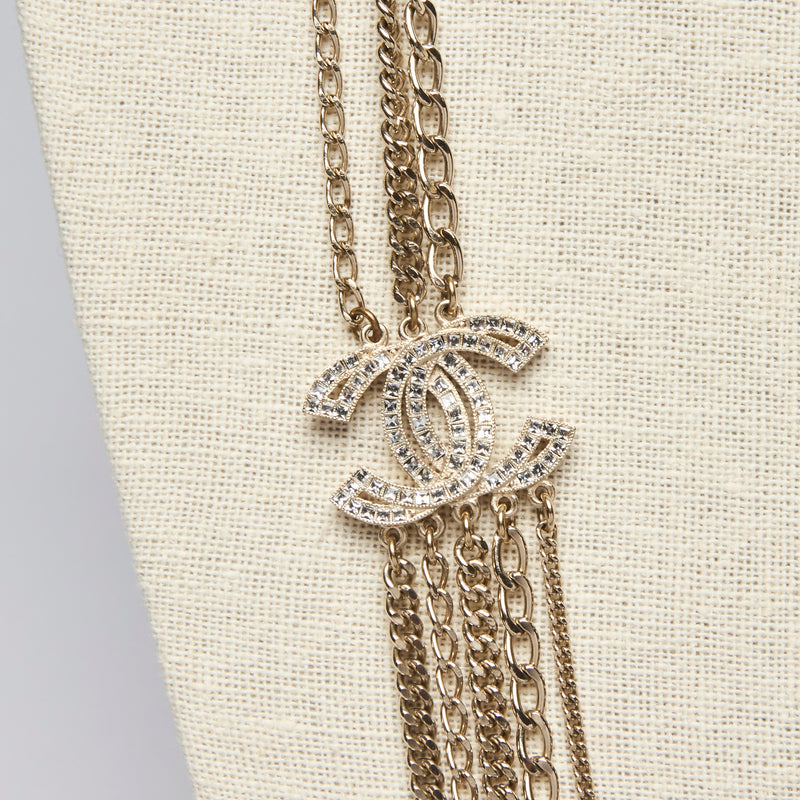 Excellent Pre-Loved Multi-Strand Gold Chain Necklace with Crystal Chanel Logo (Logo)