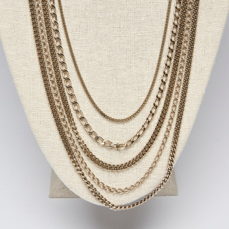 Excellent Pre-Loved Multi-Strand Gold Chain Necklace with Crystal Chanel Logo (Chain)