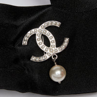 Excellent Pre-Loved Silver Tone Hardware Faux Mini Pearl Logo Brooch with Faux Pearl Drop. (front)