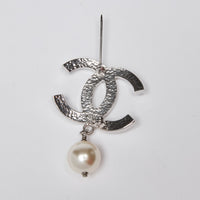 Excellent Pre-Loved Silver Tone Hardware Faux Mini Pearl Logo Brooch with Faux Pearl Drop.  (back)