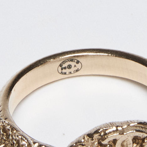 Excellent Pre-Loved Gold Tone Metal Ring with Floral Motif and Pearls Embellishment. (stamp)