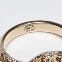 Excellent Pre-Loved Gold Tone Metal Ring with Floral Motif and Pearls Embellishment. (stamp)