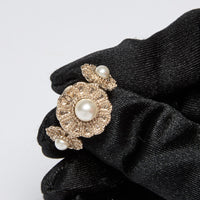 Excellent Pre-Loved Gold Tone Metal Ring with Floral Motif and Pearls Embellishment. (up close)