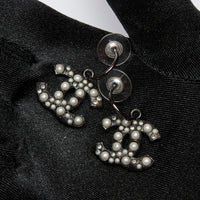 Excellent Pre-Loved Dark Silver Tone Metal Logo Drop Earrings with Faux Mini Pearls Embellishment.(in hand)
