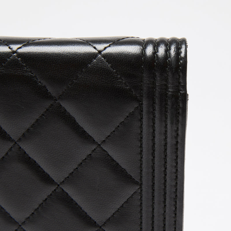 Excellent Pre-Loved Chanel Black Quilted Lambskin Boy Wallet on Chain (Corner)