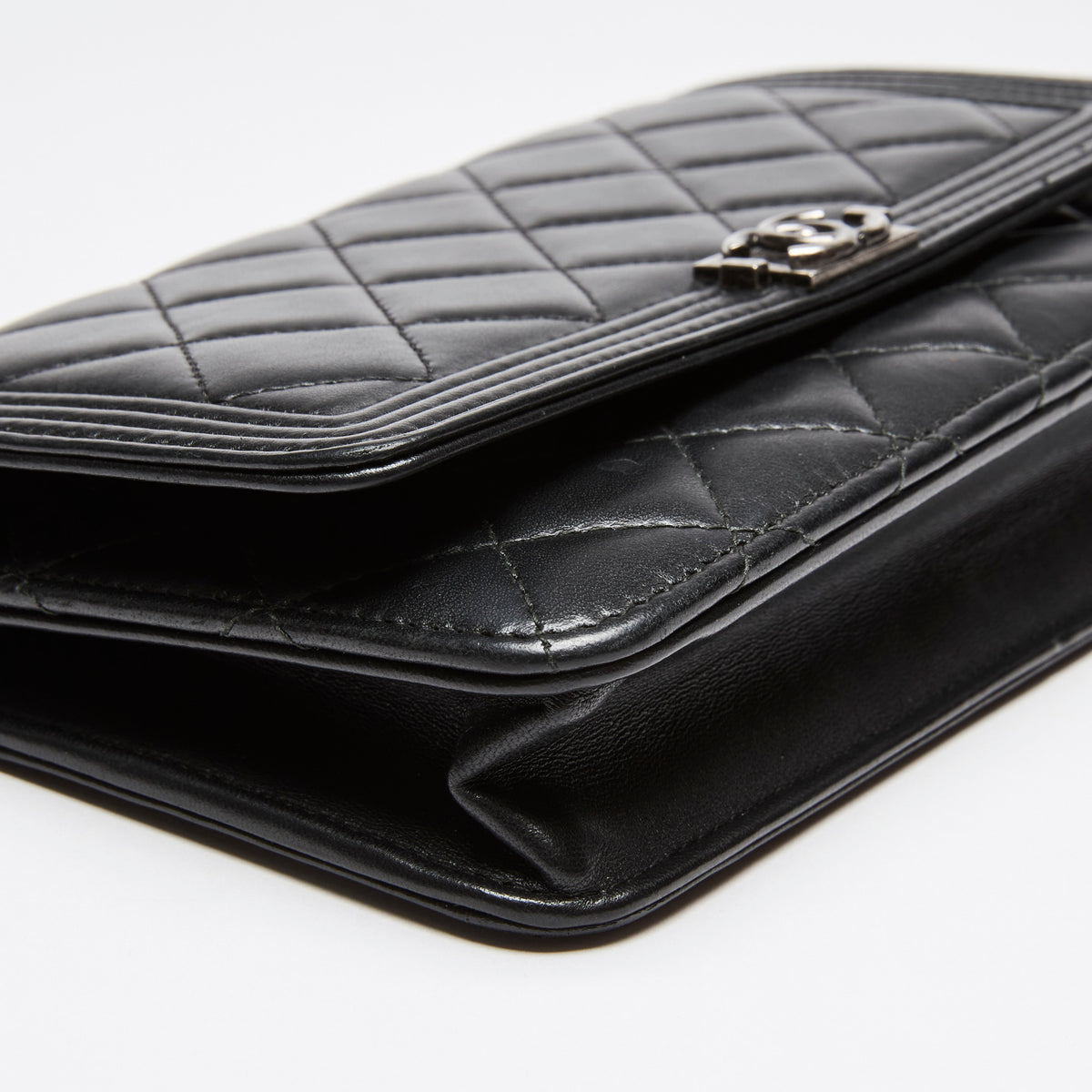 Excellent Pre-Loved Chanel Black Quilted Lambskin Boy Wallet on Chain (Corner)
