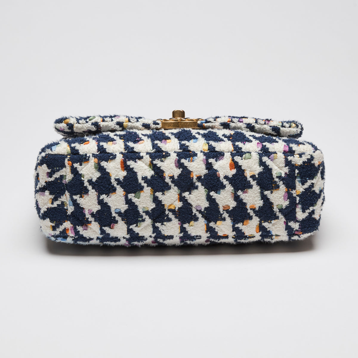 Excellent Pre-Loved Chanel Tweed Quilted Navy Blue Multicolor Small 19 Handbag (Bottom)