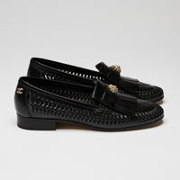 Pre-Loved Chanel™Chanel Black Leather Loafers with Woven Detail Size 37.5