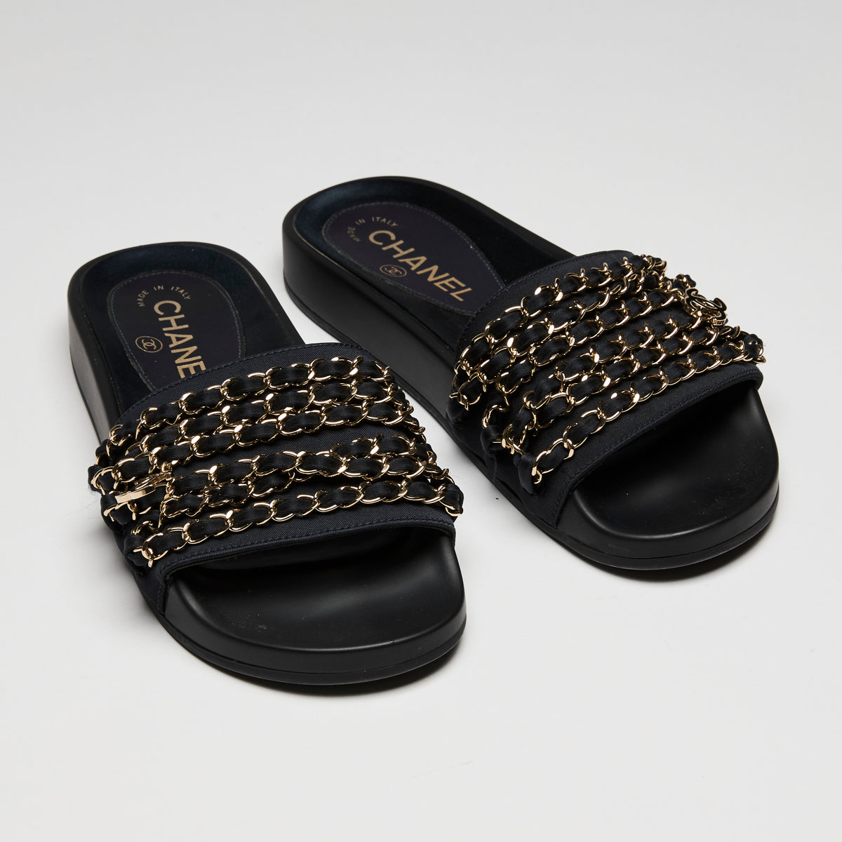 Chanel 2017 Chain Detail Black Slides, Size 35