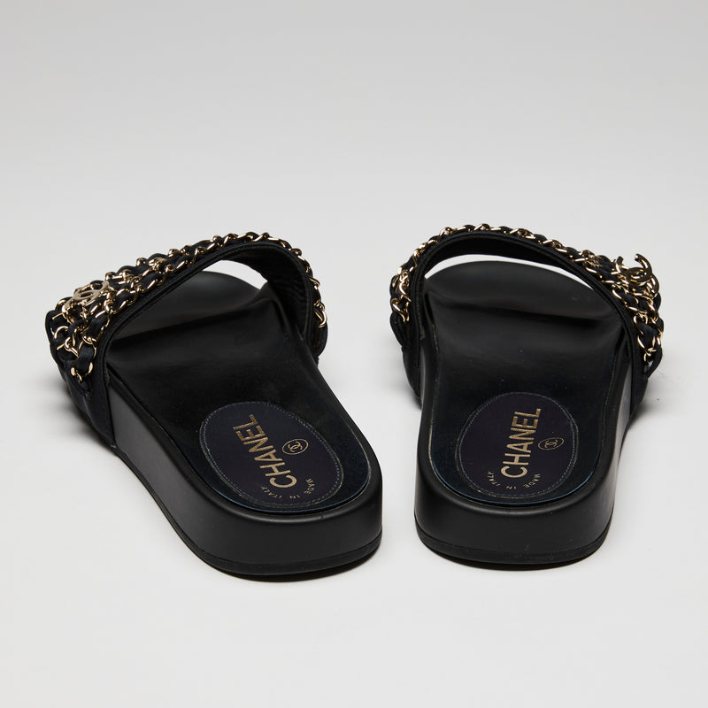 Chanel 2017 Chain Detail Black Slides, Size 35