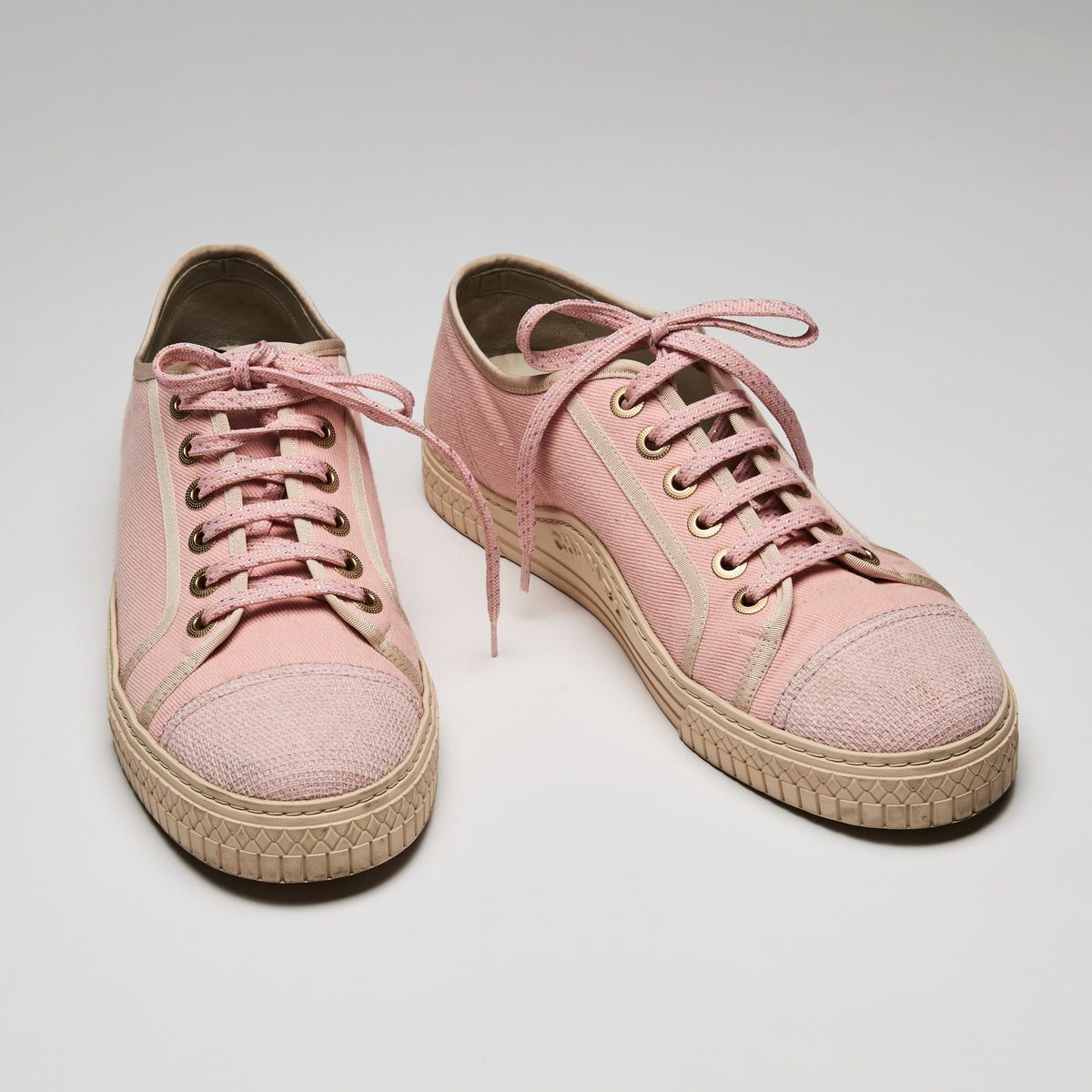 Pre-Loved Chanel™ Pink Canvas Lace Up Sneakers, Size 41