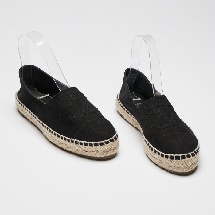 Excellent Pre-Loved Black Suede Espadrilles with Tonal Leather Lining.(Front)