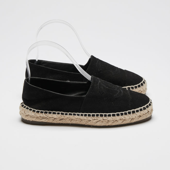Excellent Pre-Loved Black Suede Espadrilles with Tonal Leather Lining.(side)