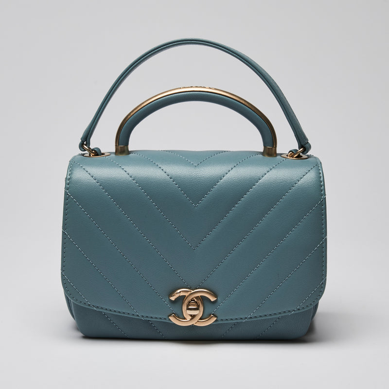 Pre-Loved Chanel ™ Blue Calfskin Single Flap Bag with Top Handle and Gold Hardware