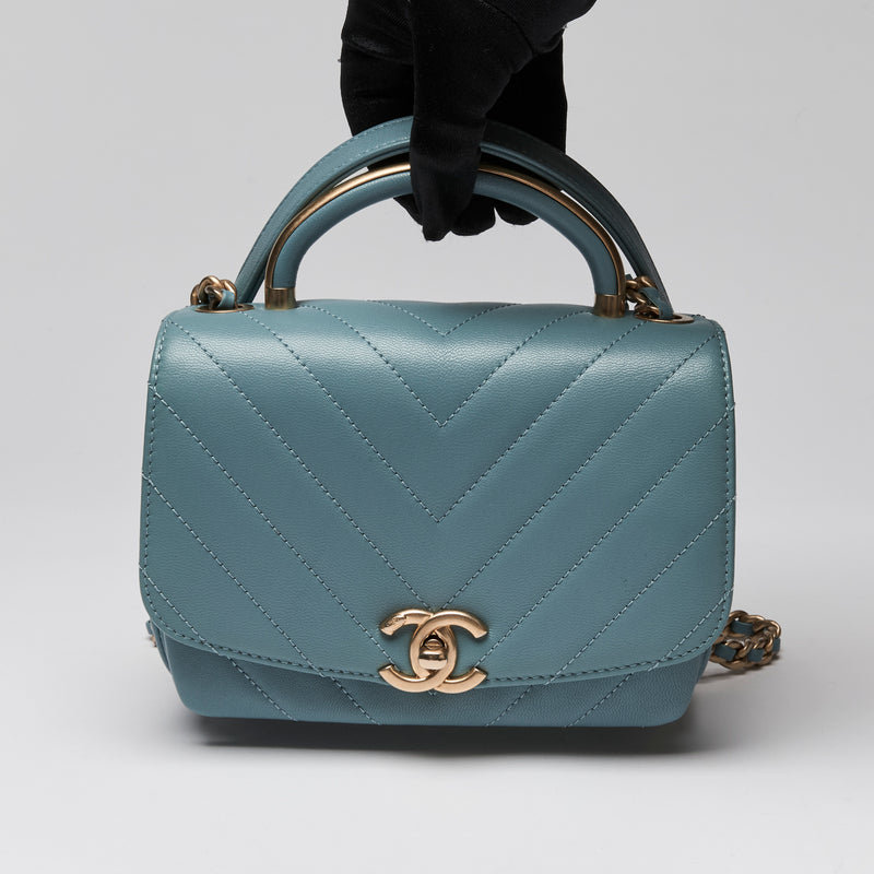 Pre-Loved Chanel ™ Blue Calfskin Single Flap Bag with Top Handle and Gold Hardware