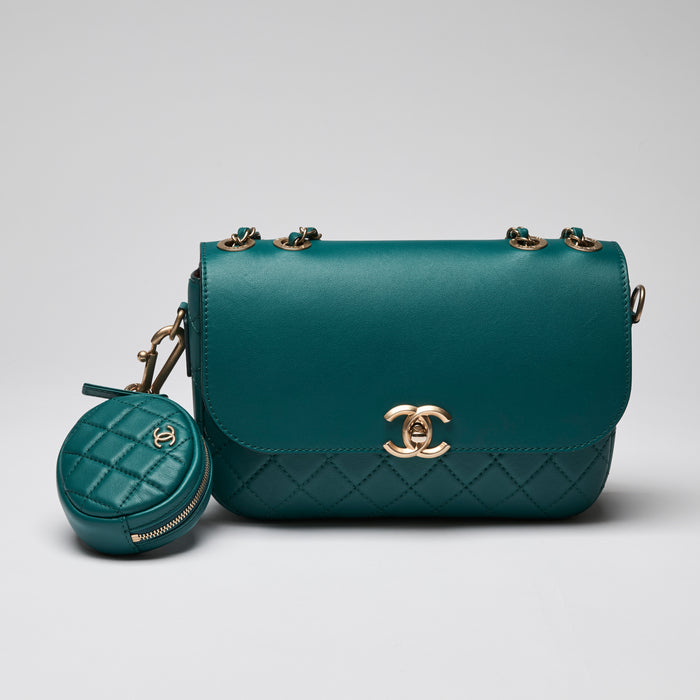 Pre-Loved Chanel ™ Teal Single Flap Bag with Coin Pouch Attachment