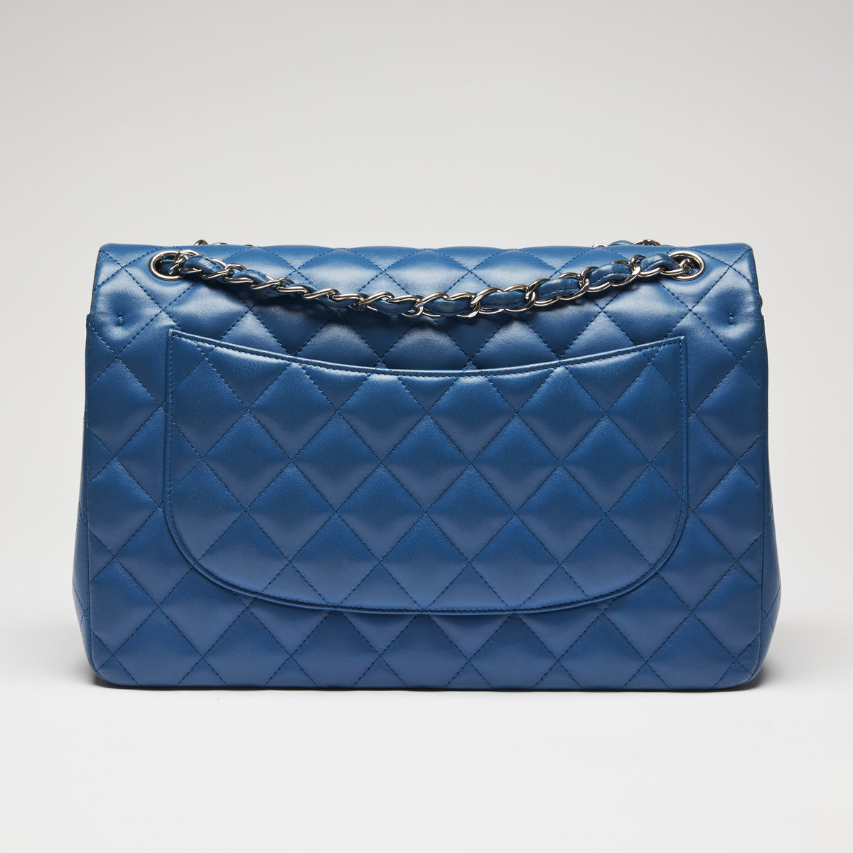 Pre-Loved Bright Blue Lambskin Large Double Flap Bag with Silver Hardware. (back)