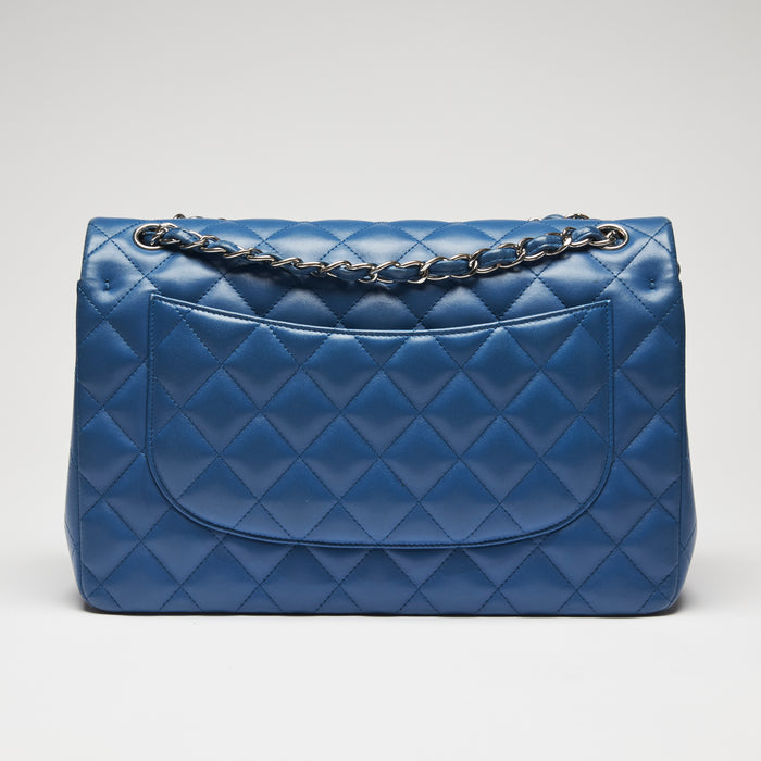 Pre-Loved Bright Blue Lambskin Large Double Flap Bag with Silver Hardware. (back)