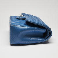 Pre-Loved Bright Blue Lambskin Large Double Flap Bag with Silver Hardware.(side)