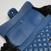Pre-Loved Bright Blue Lambskin Large Double Flap Bag with Silver Hardware. (logo)