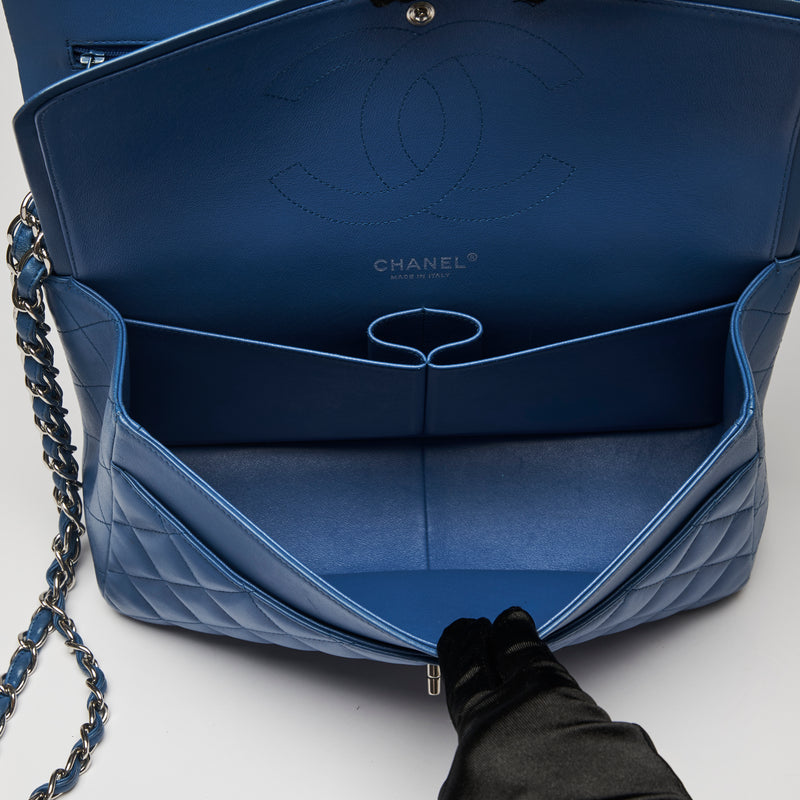 Pre-Loved Bright Blue Lambskin Large Double Flap Bag with Silver Hardware. (interior)