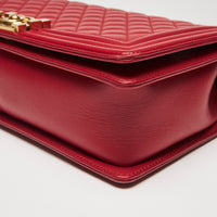 Excellent Pre-Loved Large Red Grained Calfskin Leather Structured Flap Bag with Aged Gold Hardware and Shoulder Chain.  (corner)