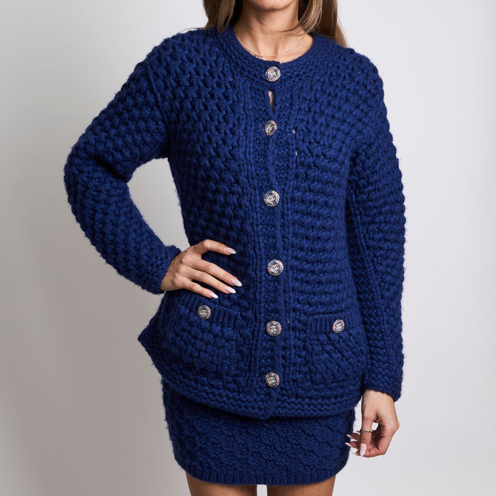 Pre-Loved Chanel™ Dark Blue Knit Cardigan and Skirt Set