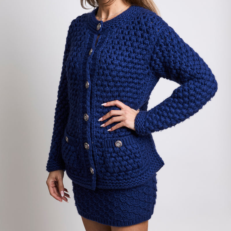 Pre-Loved Chanel™ Dark Blue Knit Cardigan and Skirt Set