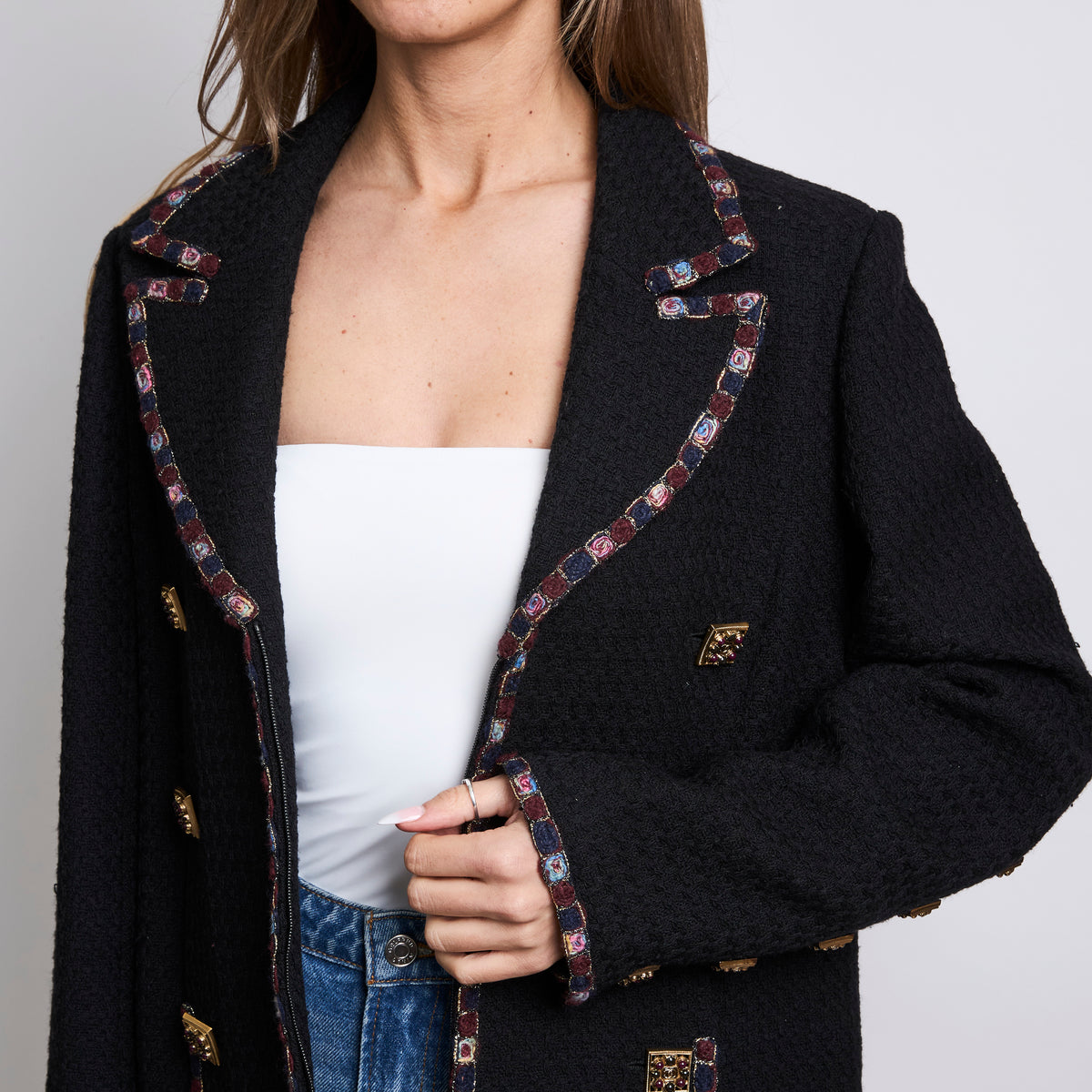 Pre-Loved Chanel™ Black Tweed Jacket with Multicolor Embroidered Trim