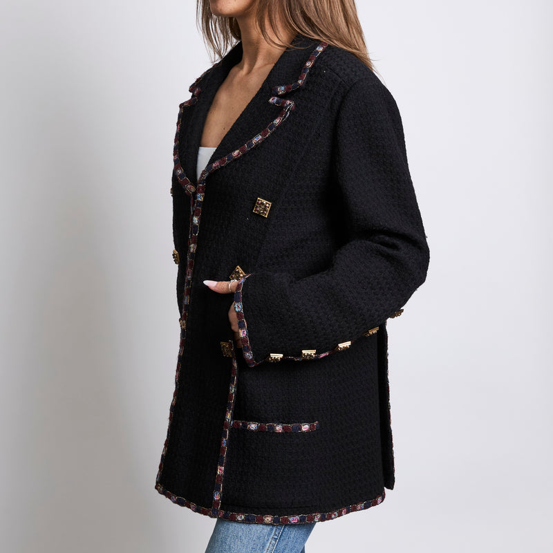 Pre-Loved Chanel™ Black Tweed Jacket with Multicolor Embroidered Trim